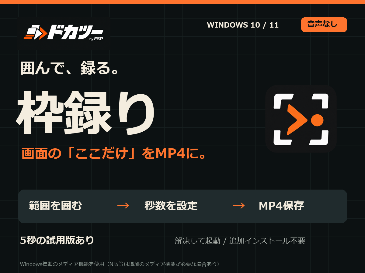 ドカツー 枠録り。範囲を囲む、秒数を設定、MP4保存。Windows向け・音声なし